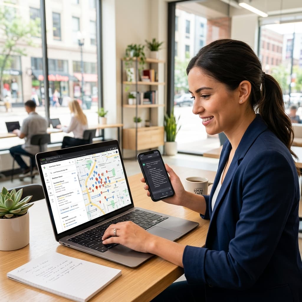 A local business owner using a laptop and phone to manage their digital presence